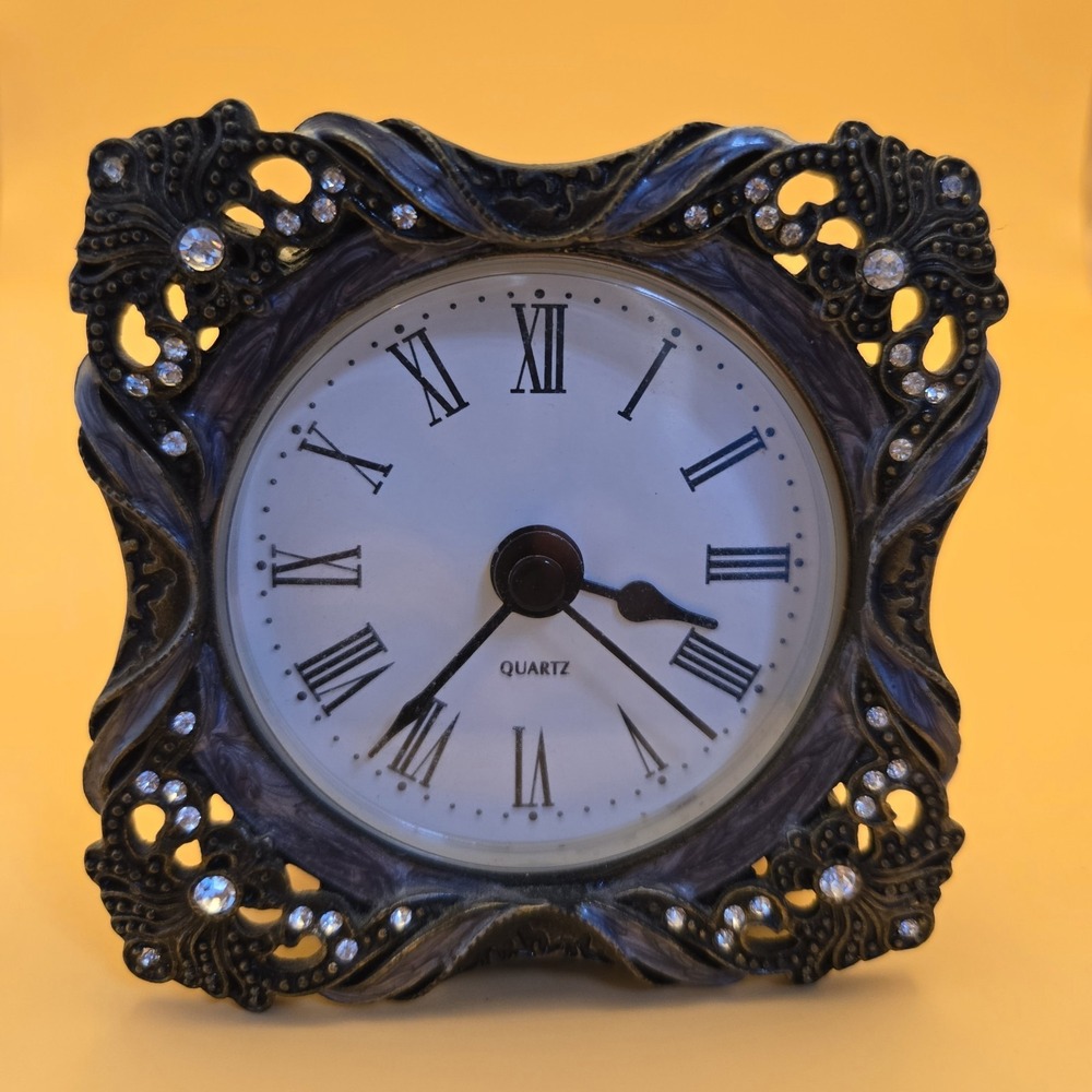 Vintage Desk Clock, Metal, Quartz 19oo"s Shontek Jeweled With Rhinestones. (#19)